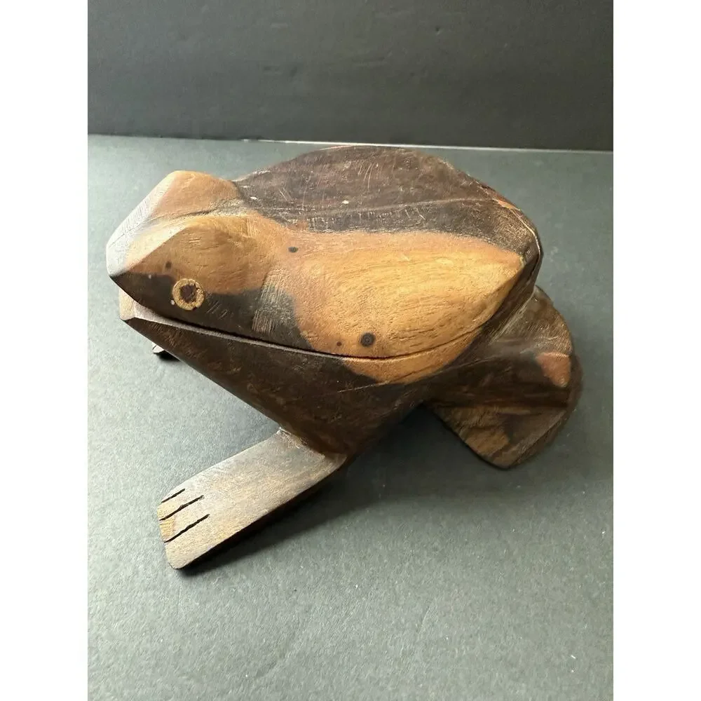 Handcarved Wooden Frog Trinket Box Stash Box Handcrafted Boho Artisan Whimsy MCM
